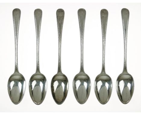 Set of six George III silver Old English Bead pattern dessert spoons, maker probably James Jennings, London 1777, 17cm long  