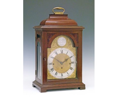 Mahogany bracket clock, the dial inscribed John Pyke, Bedford Row, London, case with pagoda top with brass handle, arch shape