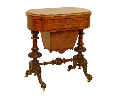 Victorian figured walnut work/games table, the shaped rectangular fold over top opening to reveal chess, back gammon and crib