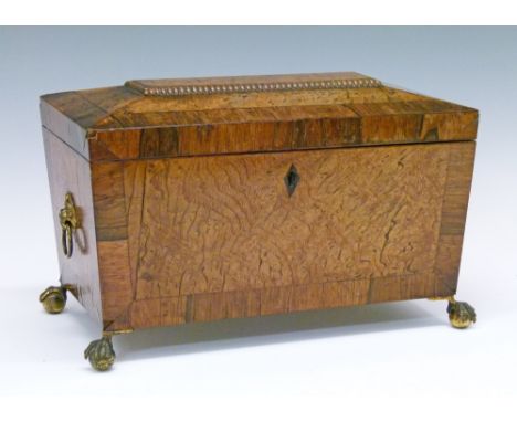 Victorian rosewood crossbanded pollard oak sarcophagus shaped tea caddy, having brass ring drop lion mask handles and standin