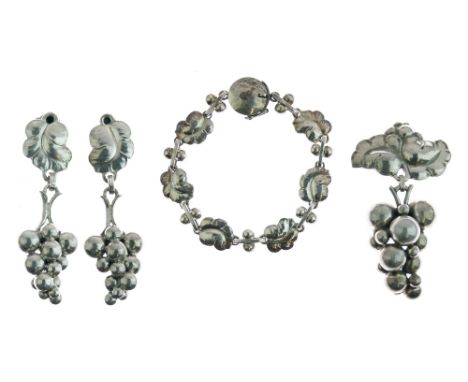 Georg Jensen - Suite of silver grapes jewellery comprising: a bracelet, stamped Jensen marks, number 96, with a brooch, stamp