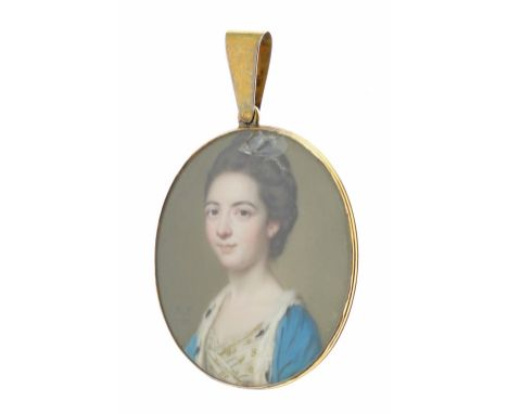 John Smart (1740-1811) - Oval miniature - Portrait of an unknown lady wearing an ermine trimmed blue dress, signed with initi