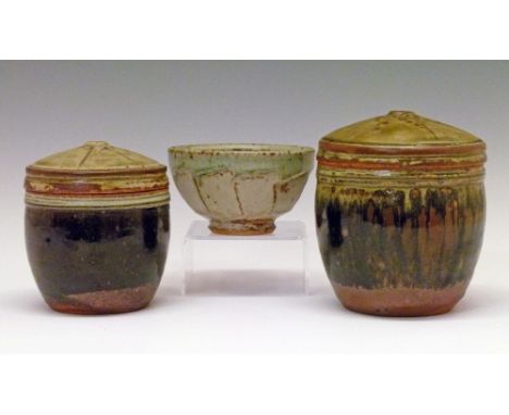 Richard Batterham - Three pieces of studio pottery comprising: two lidded jars, 13cm and 15.5cm high together with a bowl, 12