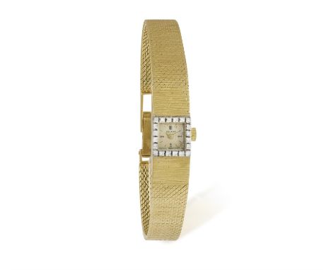 A LADY´S 18K GOLD AND DIAMOND COCKTAIL WATCH, BY DELANO, of manual wind movement, the square silver dial with gilt hands and 