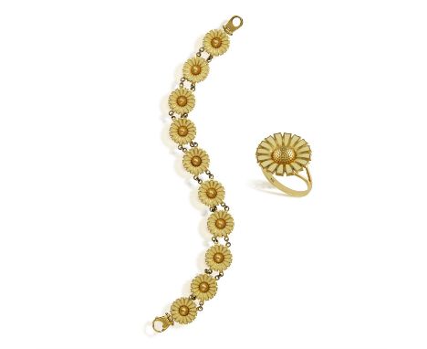 AN ENAMEL BRACELET AND RING, the bracelet composed of ten 'Rosette' flowerhead motifs, applied with cream enamel, to fine cab