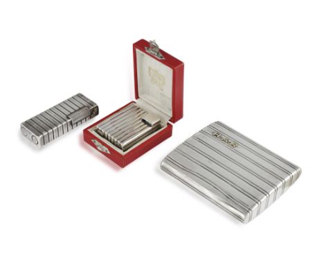 A SILVER CIGARETTE CASE AND TWO LIGHTERS, BY CARTIER, the cigarette polished case with fluted detailing and applied 18K gold 