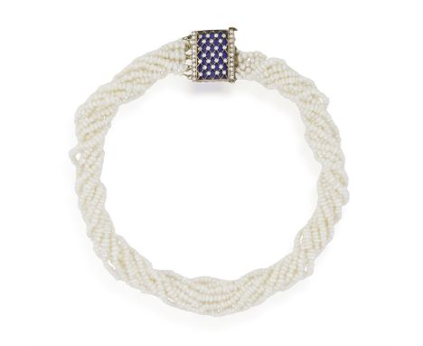 A CULTURED PEARL, ENAMEL AND DIAMOND NECKLACE, composed of nine rows of small, cultured pearls, to a rectangular clasp, desig