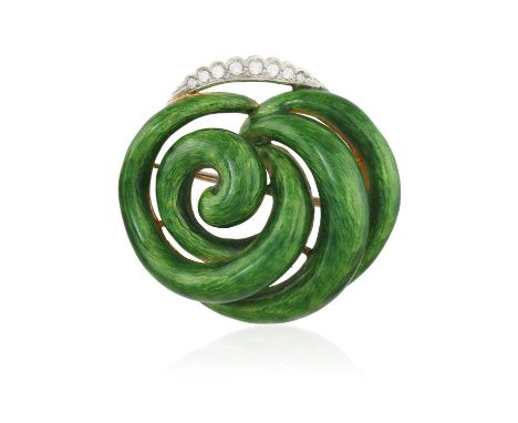 AN ENAMEL AND DIAMOND BROOCH, of scrolling design, applied throughout with guilloché green enamel, enhanced by single-cut dia