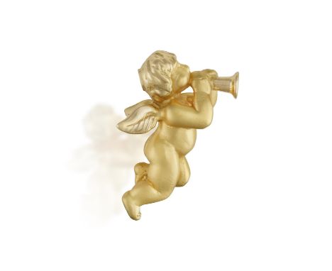 A GOLD PIN, modelled as a flying cherub playing the horn, in 18K brushed and polished gold, with maker's mark 'CG', with case