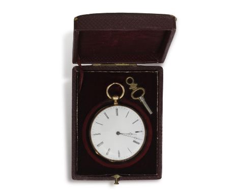 A GOLD POCKET WATCH, open face white dial with Roman numerals, the reverse with floral decoration, with gold suspension loop,