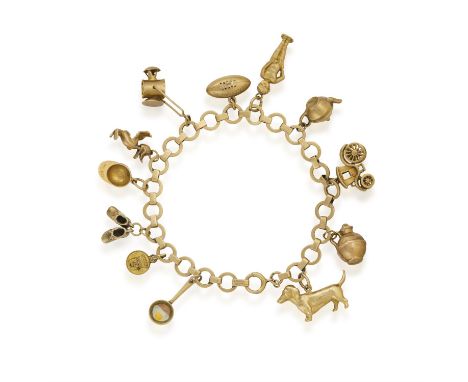 A GOLD CHARM BRACELET, the fancy-link bracelet suspending twelve charms, in 9ct gold, one charm with enamel detail, to a secu