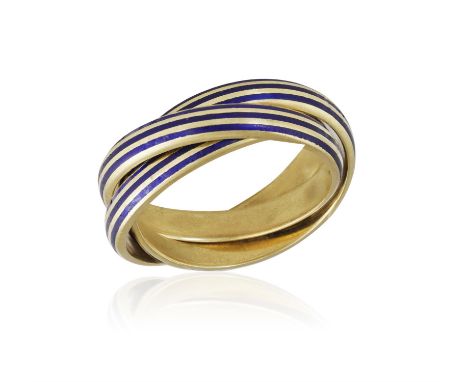 AN ENAMEL RING, BY CARTIER, composed of three interlocking bands, each applied with three lines of blue enamel, signed Cartie