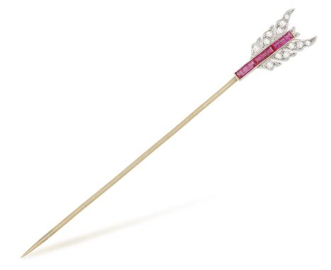 A RUBY AND DIAMOND TIE/HAT PIN, LATE 19TH CENTURY, designed as a riding crop, set with circular-cut rubies and rose-cut diamo