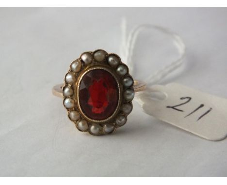 Antique oval gold, garnet &amp; pearl large   cluster ring size M        