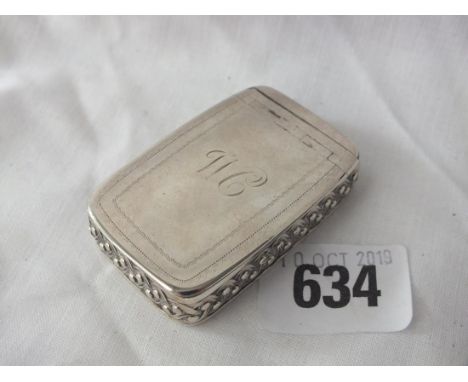 Georgian snuff box with embossed sides and flush fitting cover, 2.25” wide Lon 1811 by CP 52g.     