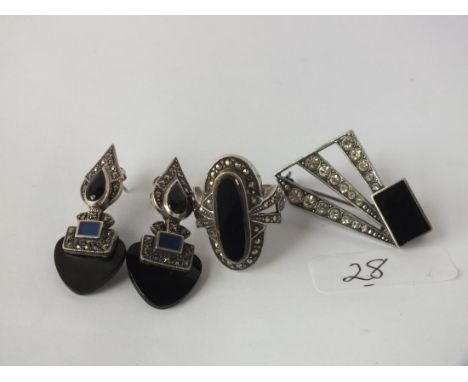 Art Deco silver stone set brooch, ring   and earrings 23g inc       