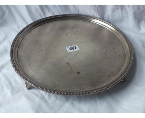 GOOD VICTORIAN WAITER with beaded edge on four bracket feet, 12” dia. 905g.       