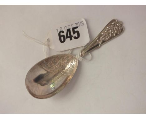 Fancy scroll engraved caddy spoon, B’ham 1908 by WD 8g.  