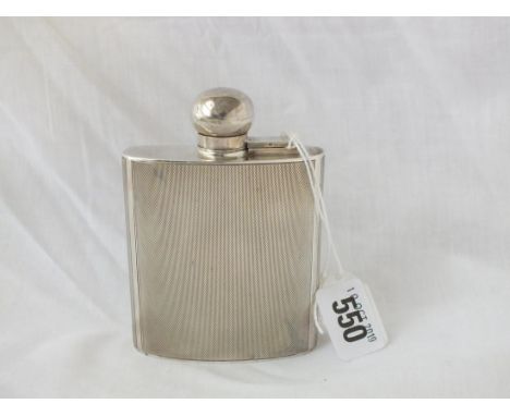 Engine turned Art Deco hip flask, 3.5” high B’ham mod. by JG ltd. 150g.        