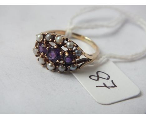 An attractive 9ct three row amethyst  &amp; pearl dress ring approx size M      