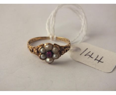Antique Georgian/early Victorian high carat ruby   &amp; pearl fancy cluster ring (size N)       