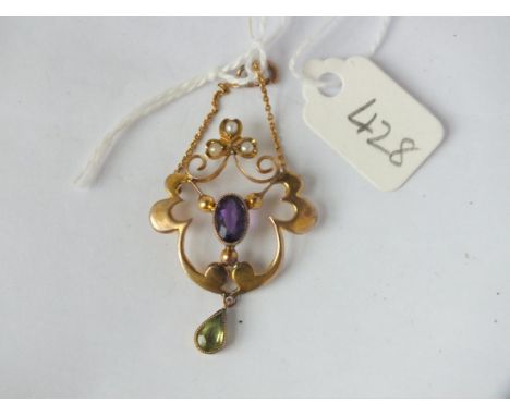 Amethyst peridot and pearl pendant set in 9ct.    