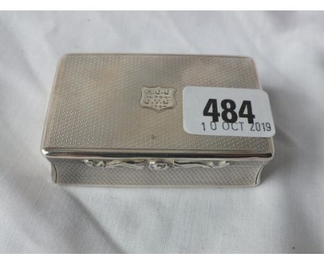 Victorian large engine turned snuff box with foliate thumb  piece, 3” wide Lon 1841 by CR &amp; WS 105g.    