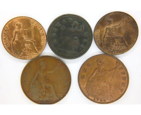 1921 copper penny of George V, 1936 copper penny of George V (final year), 1720 bronze halfpenny of George I, 1910 copper hal