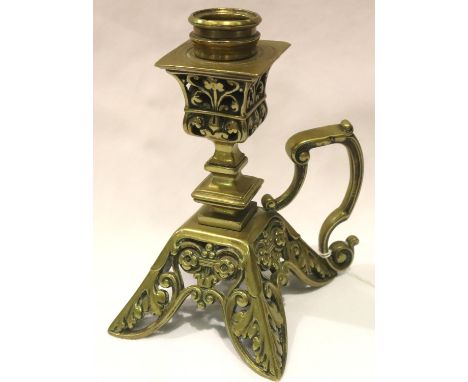 19th century brass ornate candlestick, H: 16 cm. P&amp;P Group 2 (£18+VAT for the first lot and £3+VAT for subsequent lots) 