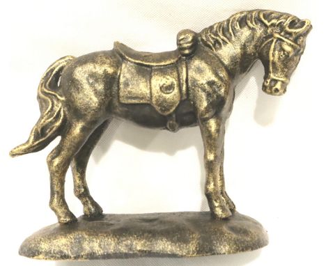 Bronzed cast iron saddled horse, L: 22 cm. P&amp;P Group 2 (£18+VAT for the first lot and £3+VAT for subsequent lots) 