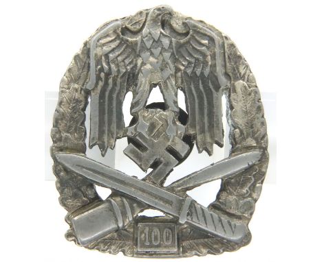 German WWII period General Assault award for 100 Engagements, marked JFS for Josef Feix &amp; Sohne verso, screw back. P&amp;