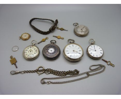 Four silver pocket watches, one by Langdon Davies &amp; Co., Birmingham, one other pocket watch with decorative enamel dial, 