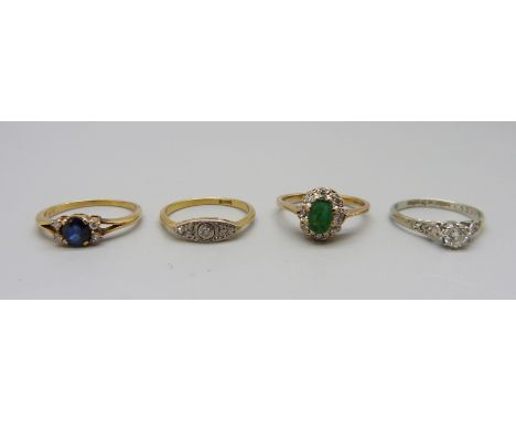 Three 18ct gold rings;- diamond set Art Deco, 1.7g, K; solitaire diamond, 1.6g, K and diamond and sapphire, 1.8g, M, and a 9c