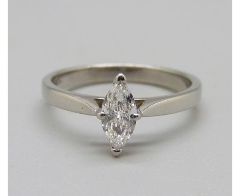 A platinum and marquise shaped diamond solitaire ring, 3.6g, M 