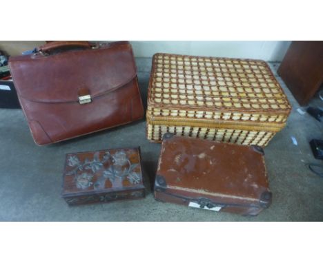 A wicker hamper, a leather satchel, case and wooden box 