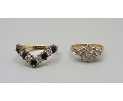 A 9ct gold and cubic zirconia ring, 1.7g, K, and a 9ct gold and silver wishbone ring, P 