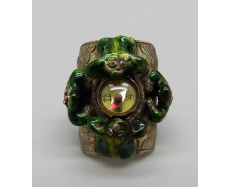 A white metal and enamel frog compass ring, Chinese marks inside ring, N 