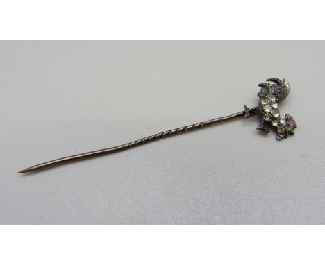 A stone set cockerel stick pin 