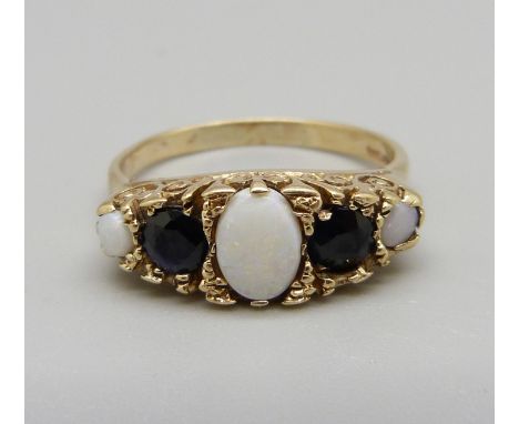 A 9ct gold, opal and sapphire ring, 3.8g, S 