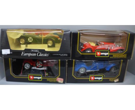 Four 1/18th scale die-cast model vehicles including Burago; Bugatti, Mercedes x2 and Jaguar 