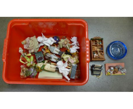 A Royal Worcester figure, other figures, a Whitefriars blue glass bowl/ashtray and a desk top thermometer **PLEASE NOTE THIS 