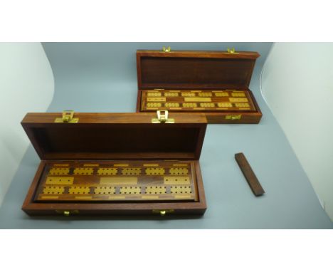 Two wooden boxes, both with cribbage boards 
