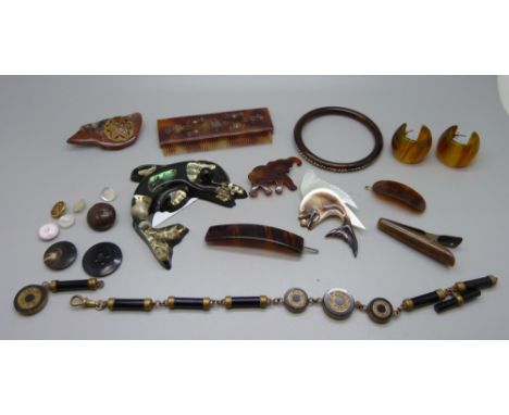 A 1970's Crystal Craft dolphin plaque, an onyx watch chain, requires repair, faux tortoiseshell, etc. 
