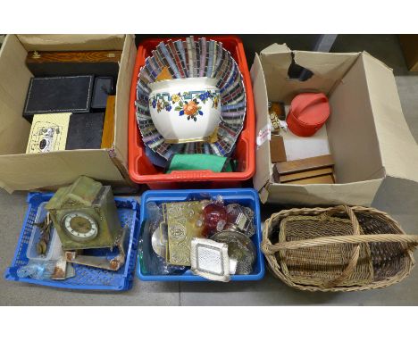 Four boxes of assorted items, large lamp shade, two wicker baskets, glass and plated items, marble clock, a/f, wooden boxes, 