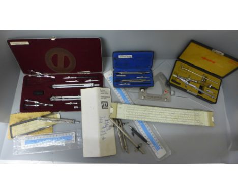 Drawing instruments, slide rules, Rotring compass, etc. 