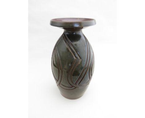 JENNIE HAIGH (XX) for Poole - A 1970's flared rim vase with deep incised line detail, monogram stamp and A191 to base, 25cm h