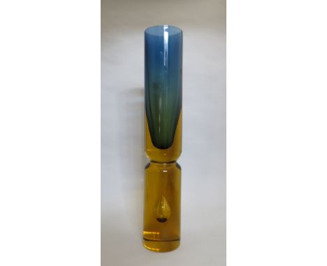 A tall cylindrical glass vase with later light fitting, blue and amber with controlled bubble, 51cm high 