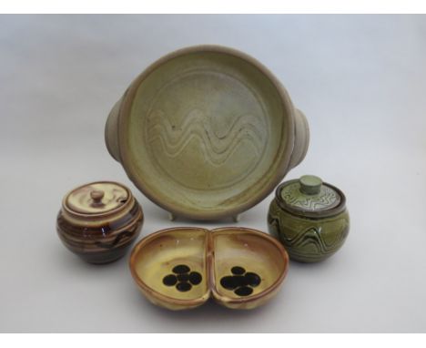 Three Winchcombe Pottery items by Sidney & Charlie Tustin and a Winchcombe standard ware dish 