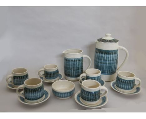 KRISTEN ROTH (XX) A St Ives 1960's coffee set comprising coffee pot, sugar bowl, milk jug and six cups and saucers, airforce 