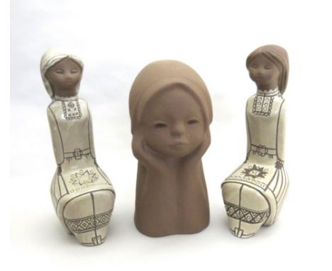 Three USSR ceramic figures of young girls, labelled 'Tekt' inside. Tallest 29cm 